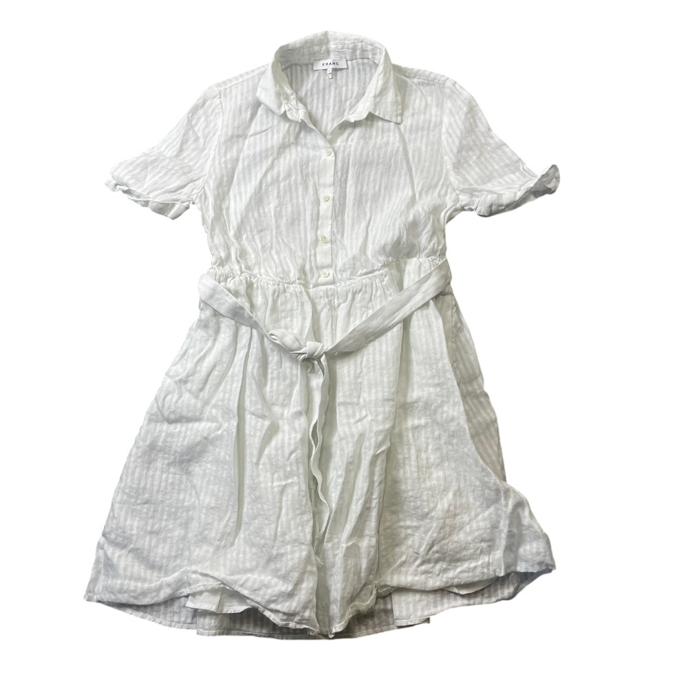 Frame Large White Dress 1/2‎ Button Belted 100% Linen Elastic Waist